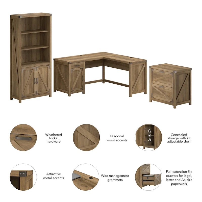 Bureau en L Knoxville 60 W avec classeur et bibliothèque par