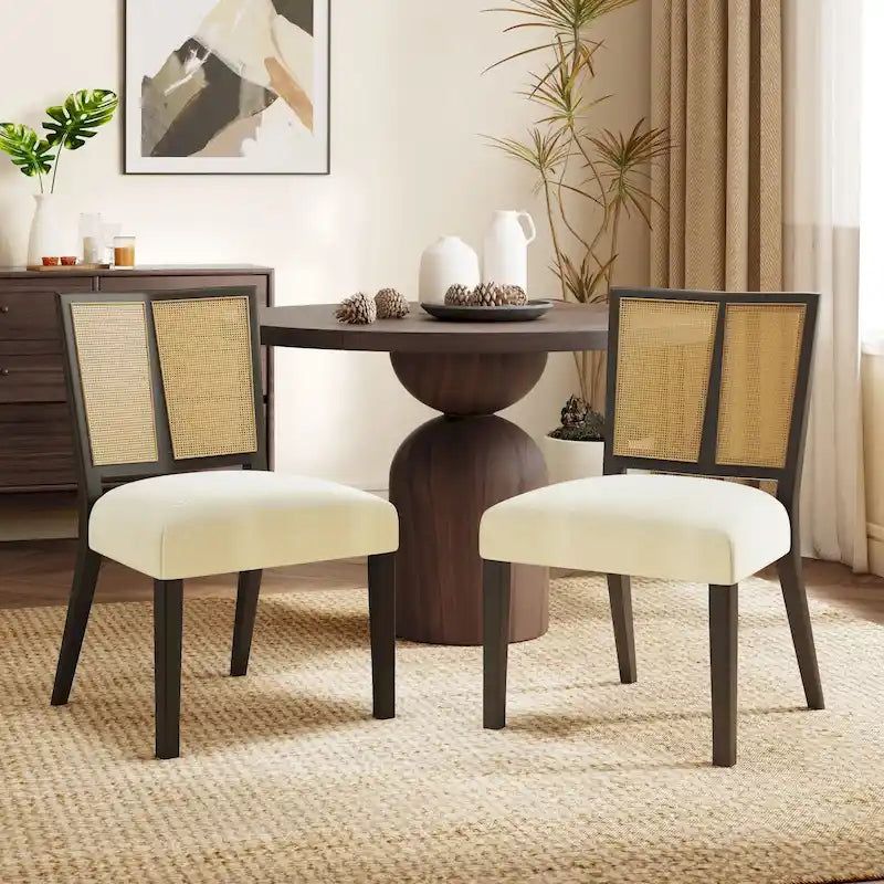 - Lot de 2 chaises de salle à manger rembourrées Oliver Mid-Century à dossier en rotin