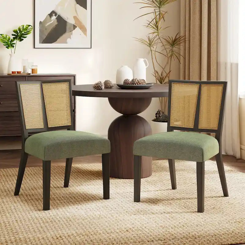 - Lot de 2 chaises de salle à manger rembourrées Oliver Mid-Century à dossier en rotin