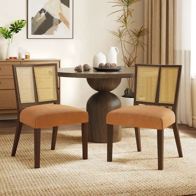 - Lot de 2 chaises de salle à manger rembourrées Oliver Mid-Century à dossier en rotin