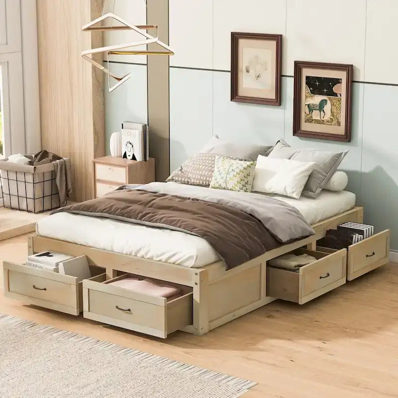 Lit plate-forme double avec 6 tiroirs de rangement, assemblage requis