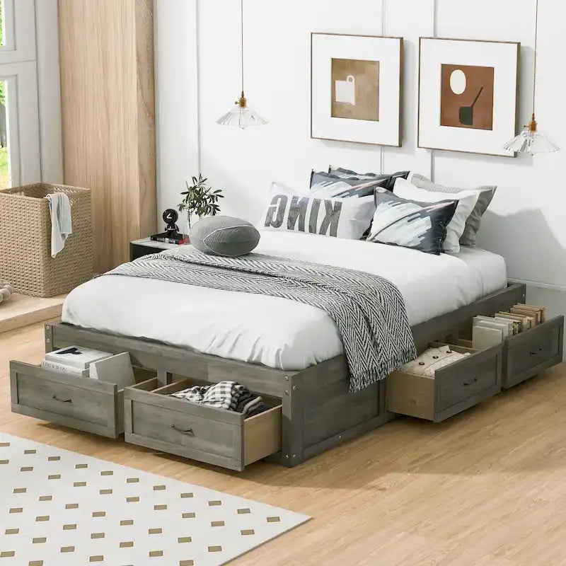 Lit plate-forme double avec 6 tiroirs de rangement, assemblage requis