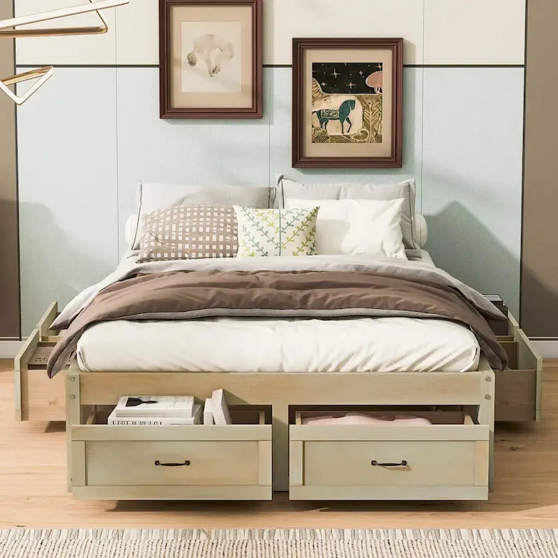 Lit plate-forme double avec 6 tiroirs de rangement, assemblage requis