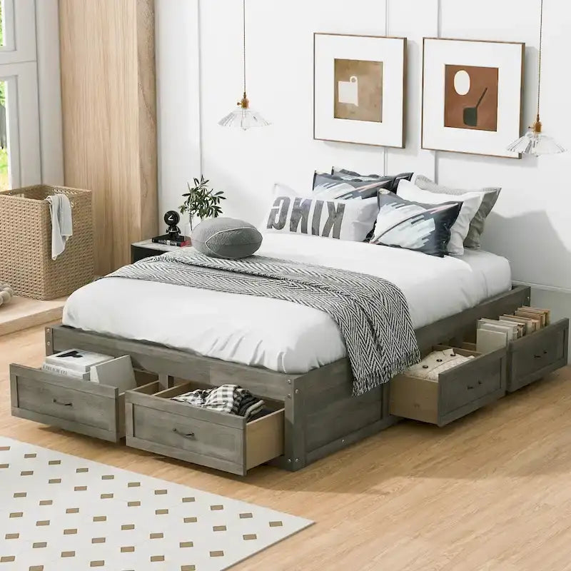 Lit plate-forme double avec 6 tiroirs de rangement, assemblage requis