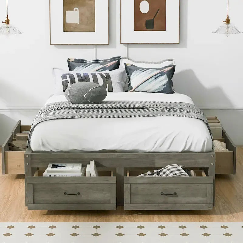 Lit plate-forme double avec 6 tiroirs de rangement, assemblage requis