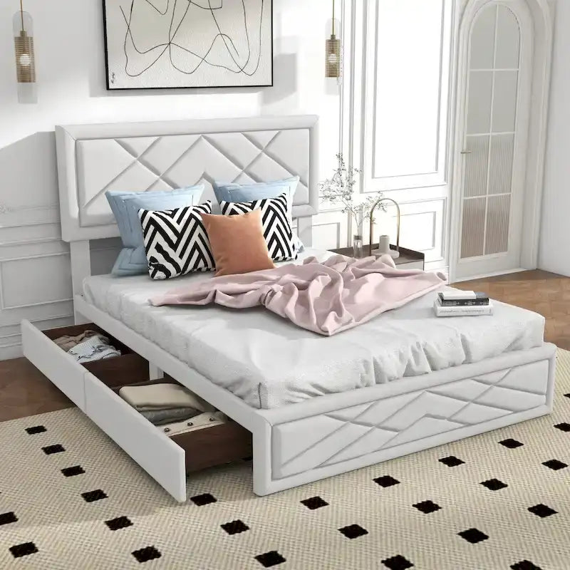 Lit plateforme Queen Size avec tête de lit et rangement