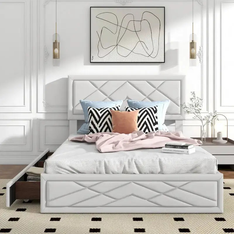 Lit plateforme Queen Size avec tête de lit et rangement