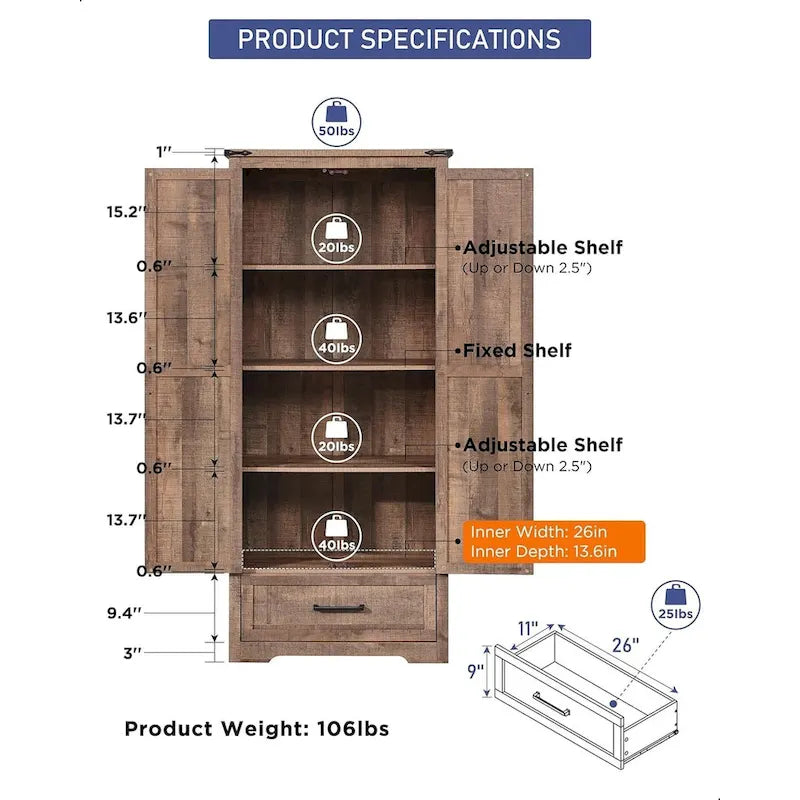 Armoire de cuisine de ferme, meubles de rangement en bois