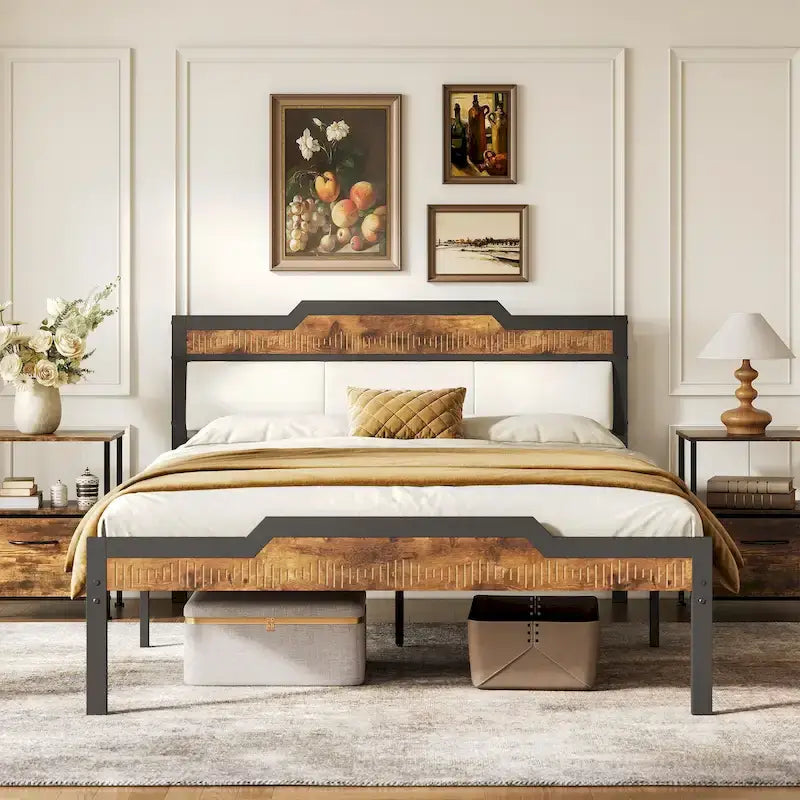 Lit Queen Size avec cadre de lit, tête et pied de lit, rangement sous le lit, marron