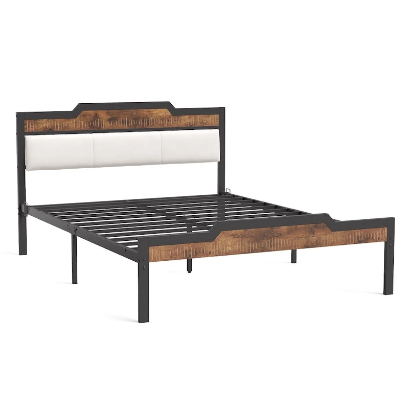 Lit Queen Size avec cadre de lit, tête et pied de lit, rangement sous le lit, marron