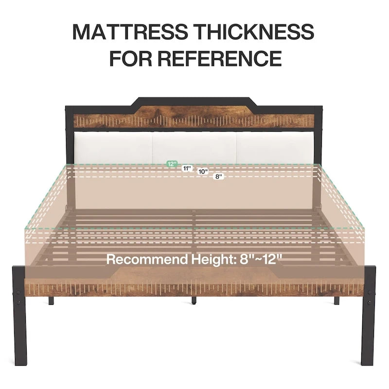 Lit Queen Size avec cadre de lit, tête et pied de lit, rangement sous le lit, marron