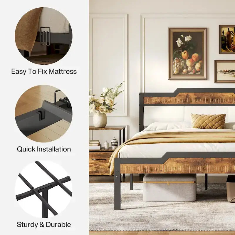 Lit Queen Size avec cadre de lit, tête et pied de lit, rangement sous le lit, marron