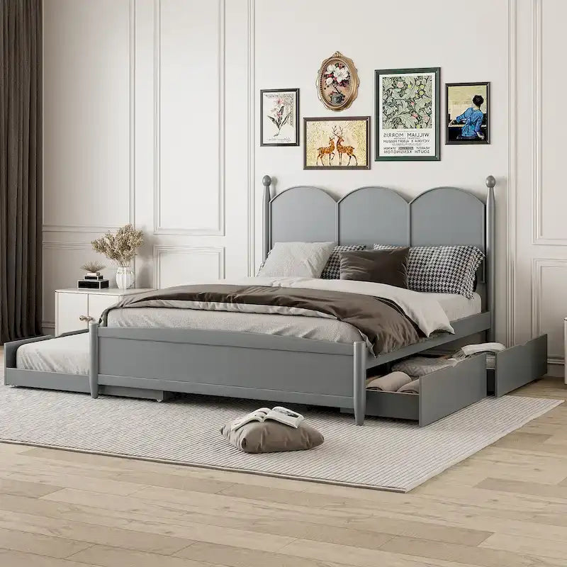 Lit plateforme Queen Size avec 2 tiroirs, cadre de lit multifonctionnel avec lit gigogne double XL