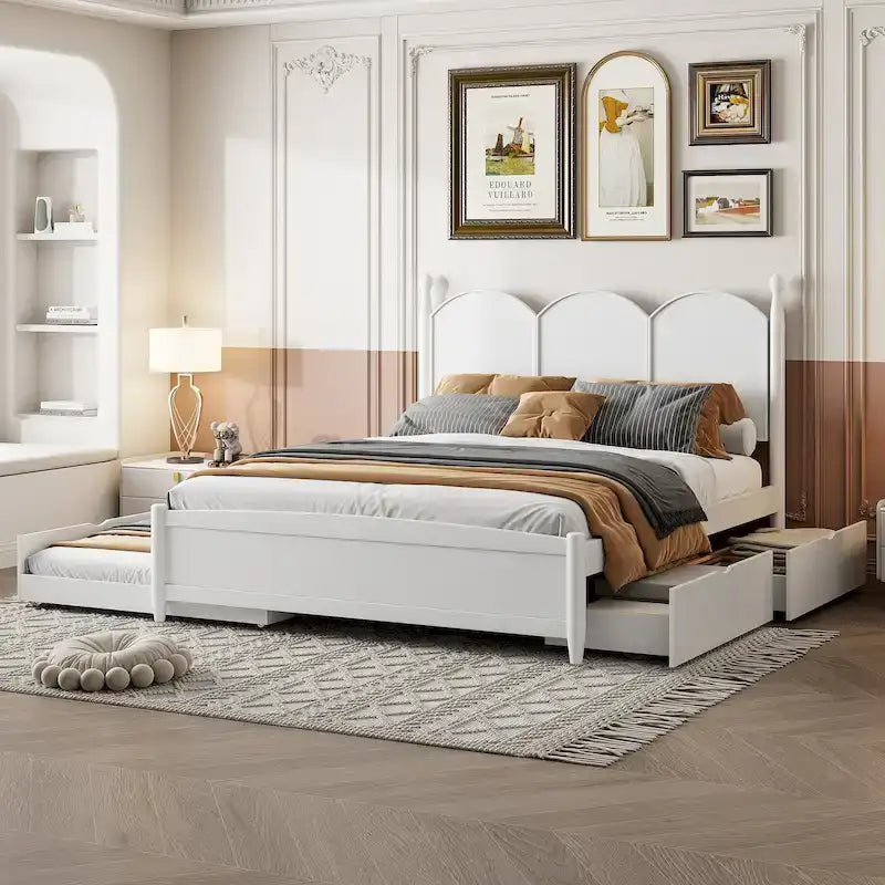 Lit plateforme Queen Size avec 2 tiroirs, cadre de lit multifonctionnel avec lit gigogne double XL