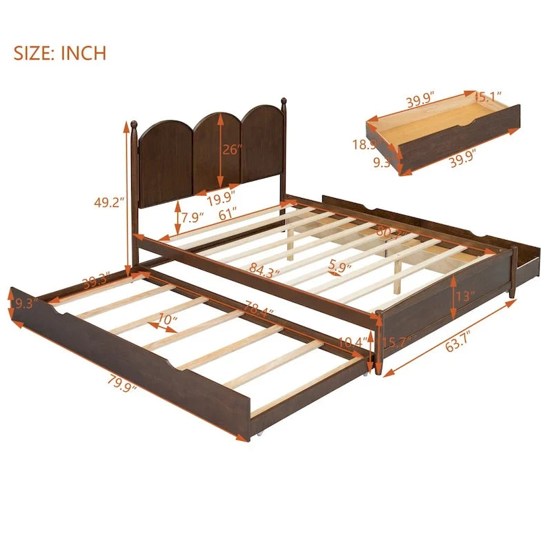 Lit plateforme Queen Size avec 2 tiroirs, cadre de lit multifonctionnel avec lit gigogne double XL