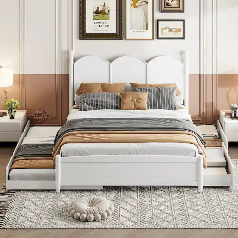Lit plateforme Queen Size avec 2 tiroirs, cadre de lit multifonctionnel avec lit gigogne double XL