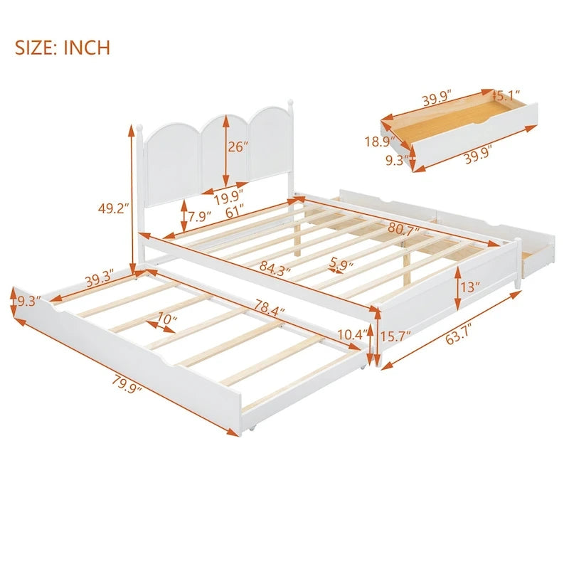 Lit plateforme Queen Size avec 2 tiroirs, cadre de lit multifonctionnel avec lit gigogne double XL