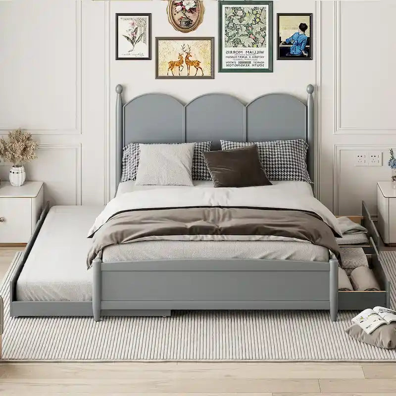 Lit plateforme Queen Size avec 2 tiroirs, cadre de lit multifonctionnel avec lit gigogne double XL