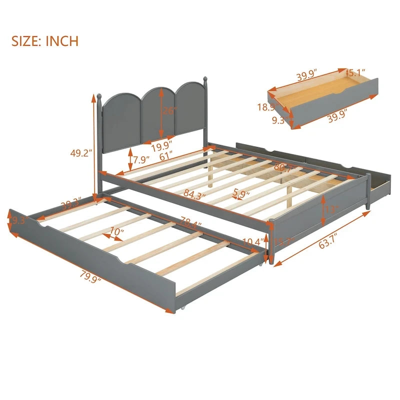 Lit plateforme Queen Size avec 2 tiroirs, cadre de lit multifonctionnel avec lit gigogne double XL