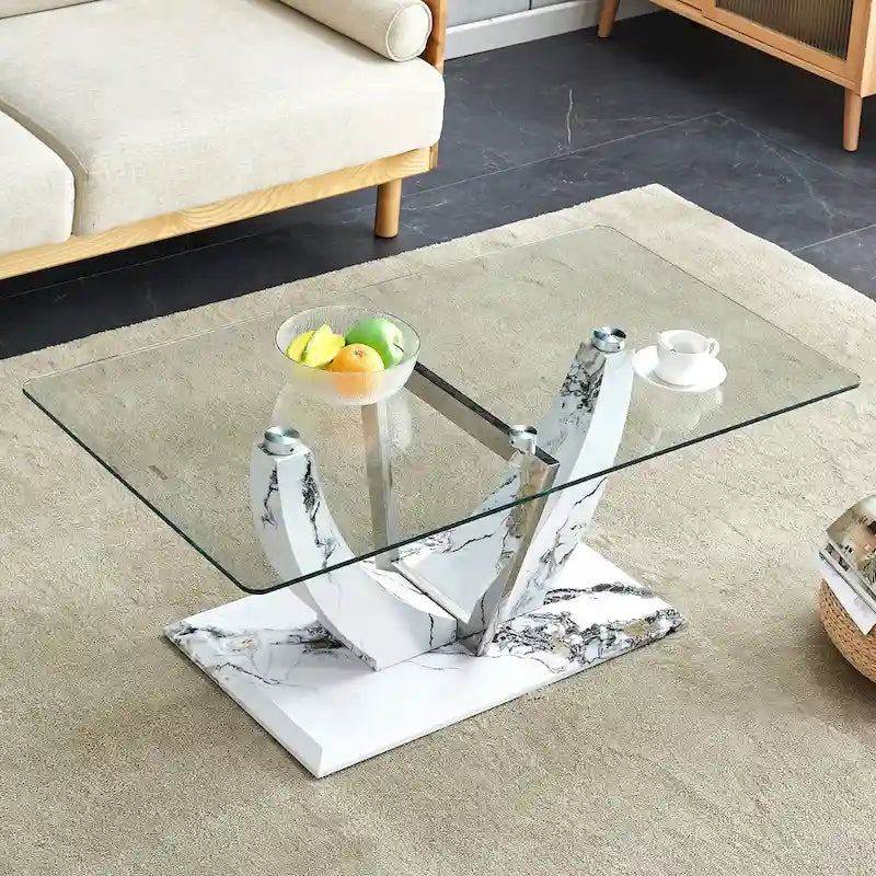43.3 Table basse rectangulaire moderne avec colonnes décoratives en acier inoxydable et base épaisse