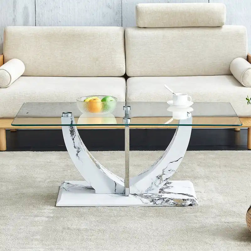43.3 Table basse rectangulaire moderne avec colonnes décoratives en acier inoxydable et base épaisse