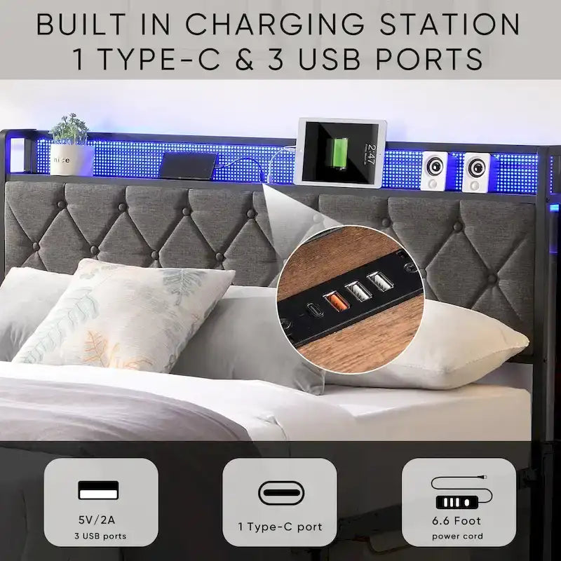 Lit double gris foncé avec tête de lit de rangement, station de recharge et lumières LED