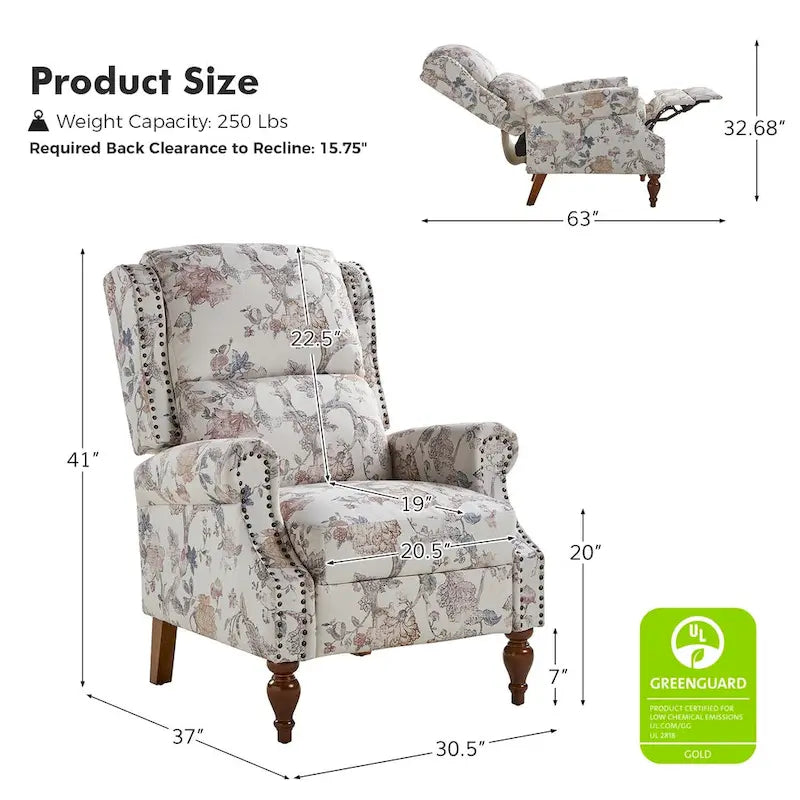 Fauteuil inclinable manuel Terri Classic Cutaway Arms with Nailheads pour salon, ensemble de 2, par