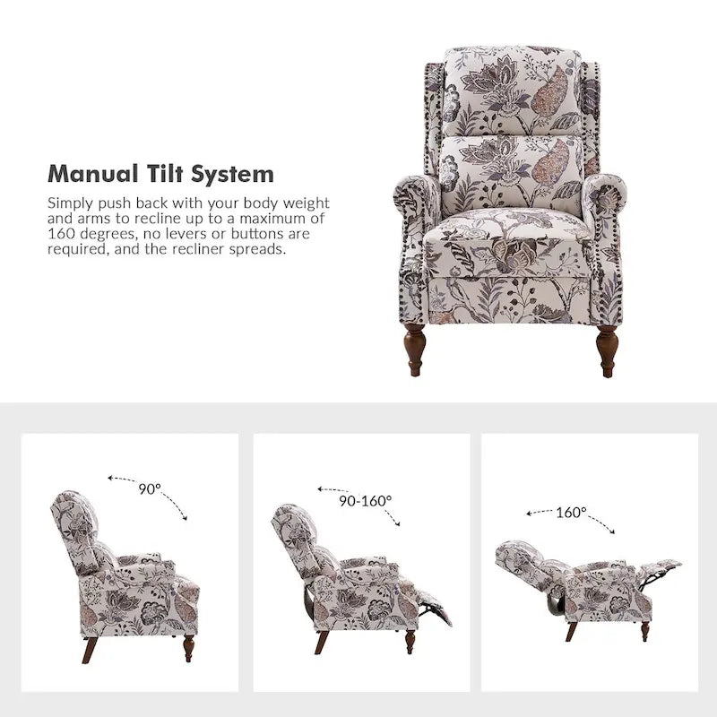 Fauteuil inclinable manuel Terri Classic Cutaway Arms with Nailheads pour salon, ensemble de 2, par