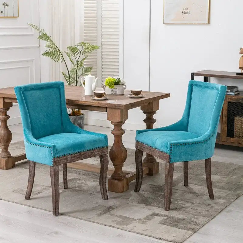 Lot de 2 chaises de salle à manger Grondin de style campagnard français vintage avec revêtement en lin et détails cloutés