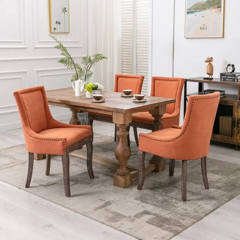 Lot de 2 chaises de salle à manger Grondin de style campagnard français vintage avec revêtement en lin et détails cloutés