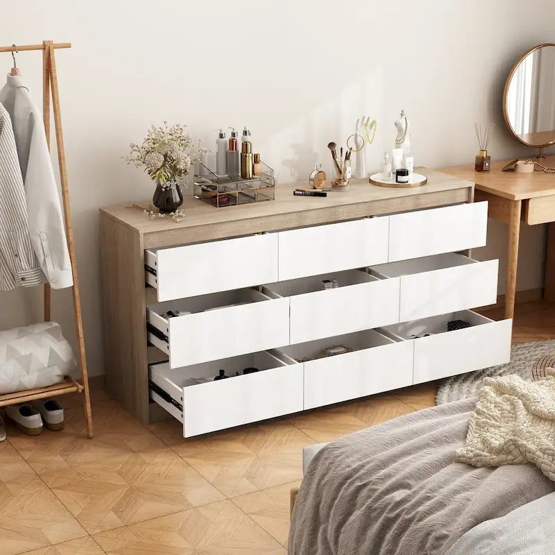 Commode à 9 Tiroirs, Blanc, Meuble de Rangement avec Tiroirs, Organisateur de Rangement, Armoire