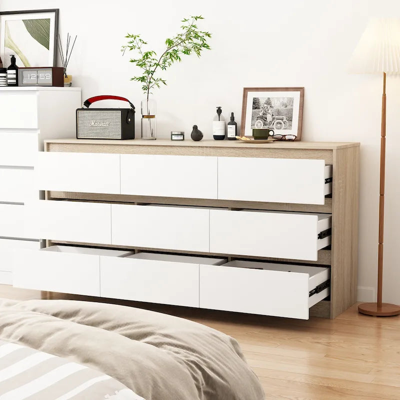 Commode à 9 Tiroirs, Blanc, Meuble de Rangement avec Tiroirs, Organisateur de Rangement, Armoire