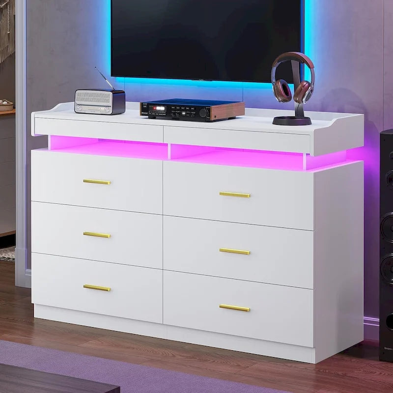 Commode à 6 tiroirs avec 2 tablettes coulissantes et éclairage LED