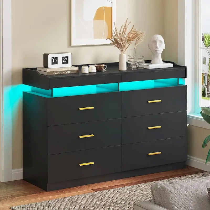 Commode à 6 tiroirs avec 2 tablettes coulissantes et éclairage LED