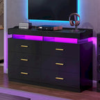 6 Drawer Dresser 2 Pull-Out Tray LED Light Chest of Drawers