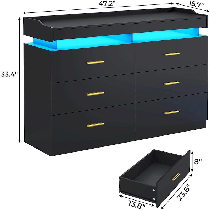 Commode à 6 tiroirs avec 2 tablettes coulissantes et éclairage LED