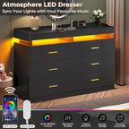Commode à 6 tiroirs avec 2 tablettes coulissantes et éclairage LED