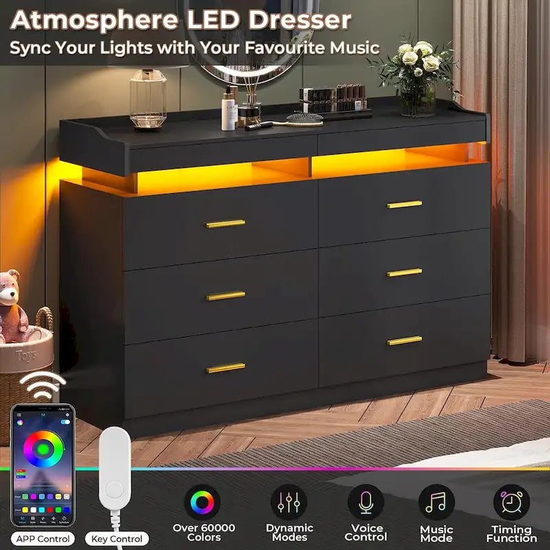 Commode à 6 tiroirs avec 2 tablettes coulissantes et éclairage LED