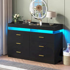 Commode à 6 tiroirs avec 2 tablettes coulissantes et éclairage LED