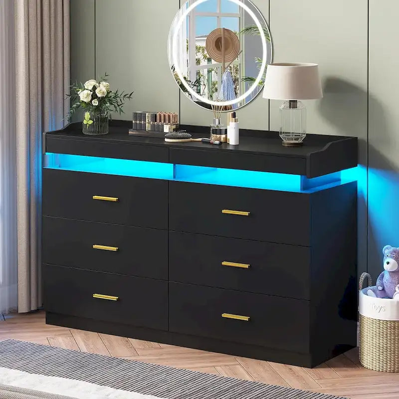 Commode à 6 tiroirs avec 2 tablettes coulissantes et éclairage LED