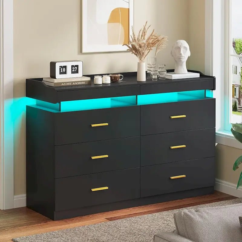 Commode à 6 tiroirs avec 2 tablettes coulissantes et éclairage LED