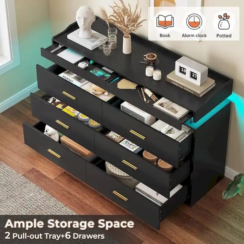 Commode à 6 tiroirs avec 2 tablettes coulissantes et éclairage LED