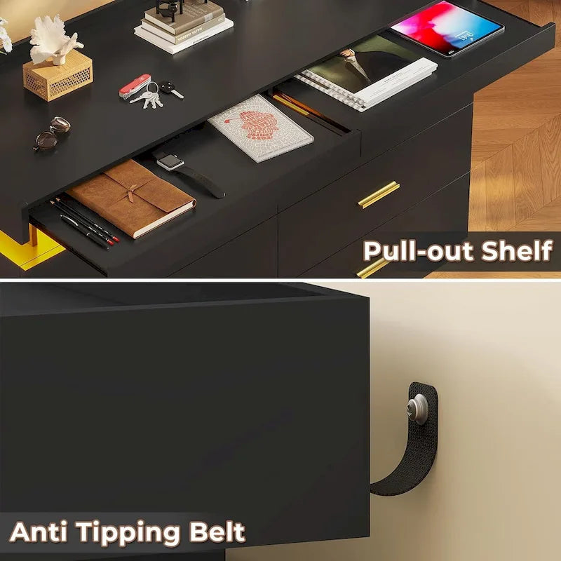 Commode à 6 tiroirs avec 2 tablettes coulissantes et éclairage LED