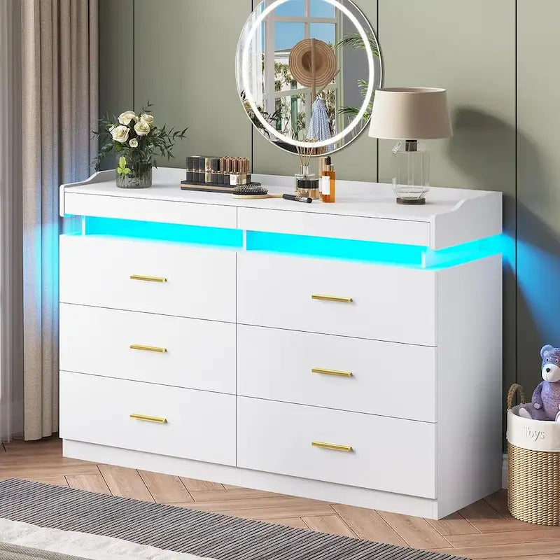 Commode à 6 tiroirs avec 2 tablettes coulissantes et éclairage LED