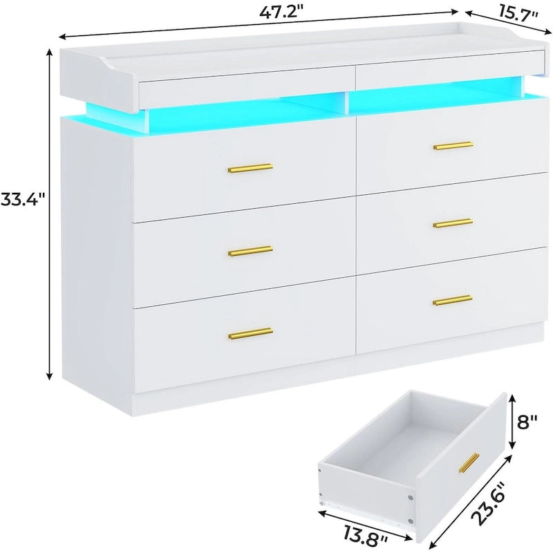 Commode à 6 tiroirs avec 2 tablettes coulissantes et éclairage LED