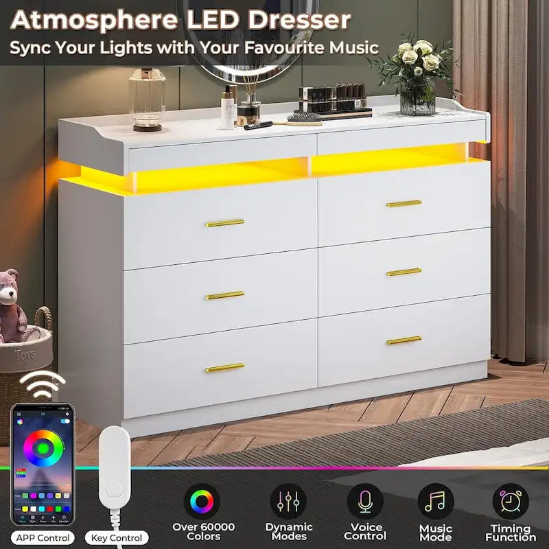 Commode à 6 tiroirs avec 2 tablettes coulissantes et éclairage LED