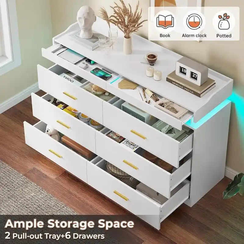 Commode à 6 tiroirs avec 2 tablettes coulissantes et éclairage LED