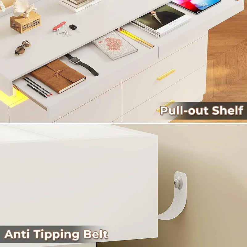 Commode à 6 tiroirs avec 2 tablettes coulissantes et éclairage LED