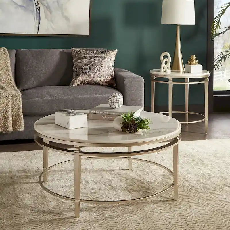 Egan Champagne Silver Finish Marble Top Table by 