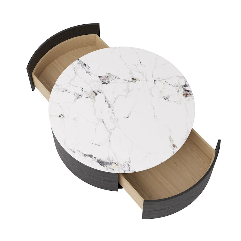 Table Basse Ronde Moderne, Plateau en Pierre Frittée Blanche avec 2 Tiroirs